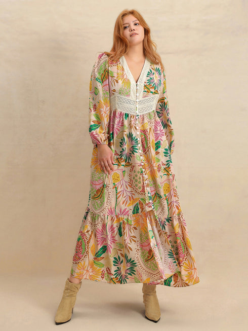 plus-size-lace-detail-printed-v-neck-balloon-sleeve-dress OhSoStyled - Sophia's Style-1
